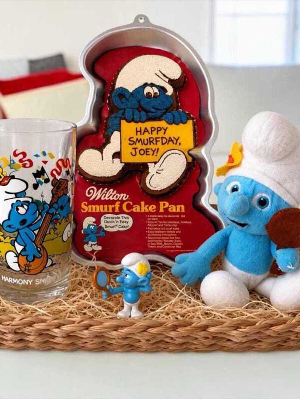Vintage Wilton Smurf Cake Pan with Harmony Smurf Glass and Smurfette Plush Doll